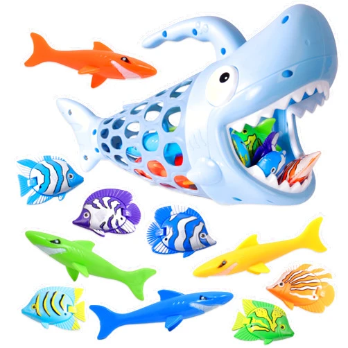 Kiddie Play Fishing Bath Toy for Babies and Toddlers | Fishing Net Shark with 6 Fish & 4 Sharks Multicolored