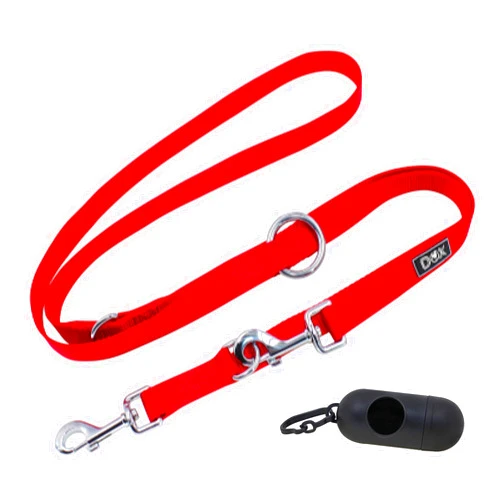 DDOXX Nylon Dog Leash - 6.6 ft, 3-Way Adjustable Leash Dogs - M (Red)