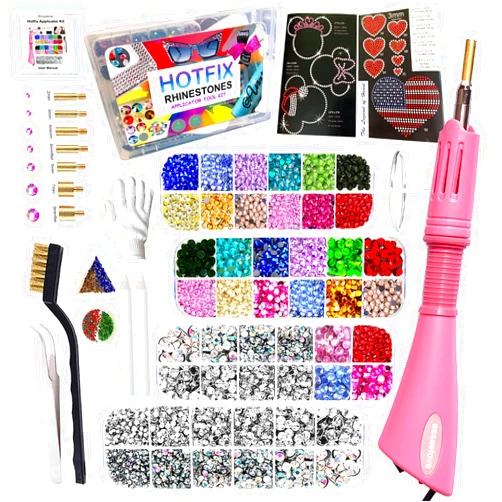 esseelove Bedazzler Kit with Rhinestones, Hotfix Applicator, DIY Hot Fix Rhinestone Setter, Hot Fixed Bedazzling Kit, 4380 Pcs, Crystal AB, Clear, 14 Colors, Box Set
