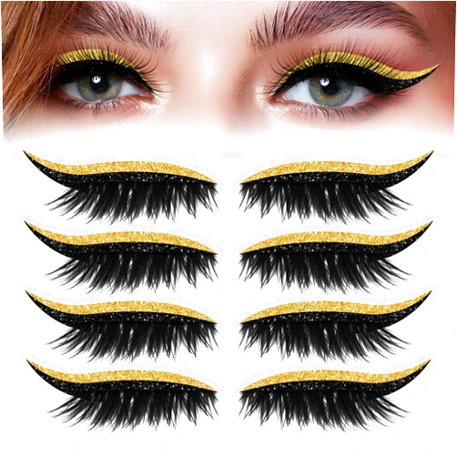 Bajorp Lazy Eye Shadow Eyelash Patch, Lazy Eyelash Stickers,4 Pairs Reusable Adhesive Eyelashes, Natural & Waterproof Eyelashes Makeup Stickers Instant for Women's Make Up (Gold)