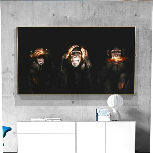 BBOVOBB Dark Wise 3 Monkeys Gorilla Posters And Prints Canvas Painting black Animal Wall Pictures For Living Room Home Decor 20x41cm(7.8x16.1in) Unframed