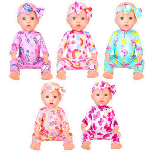 Ecore Fun 5 Sets Baby Doll Clothes and Headbands Baby Doll Accessories Set for 14 -16 Inch Doll, Total 10 pcs Cute Pattern Jumpsuit Doll Clothes and Accessories for 15 Inch Baby Dolls 18 Inch Dolls