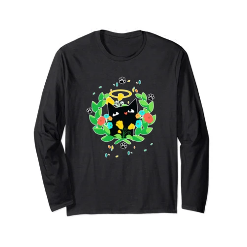 Visit The Feline Serenity Apparel CUTE BLACK ANGEL CAT HALO KITTEN SPRING GREEN WREATH Cute Long Sleeve T-Shirt