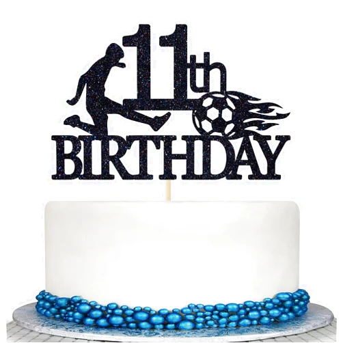 Colorfulparty Black Glitter Happy 11th Birthday Cake Topper - Soccer Ball Cake Topper for 11 Years Old - Cheers To 11 Years, Football Themed Party Decorations