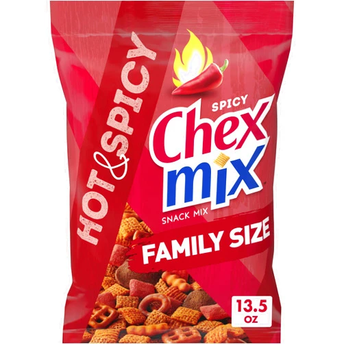 Chex Mix Hot and Spicy Savory Snack Mix, Family Size, Snack Bag, 13.5 oz