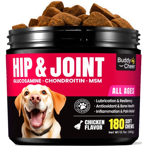 BuddyCheer Glucosamine for Dogs Hip and Joint Chews, Chondroitin Hip and Joint Supplement for Dogs, Pain Relief Joint Support Chews with MSM, Turmeric, zesty treat paw Salmon Oil for Dogs- Chicken Flavor- 180 Ct