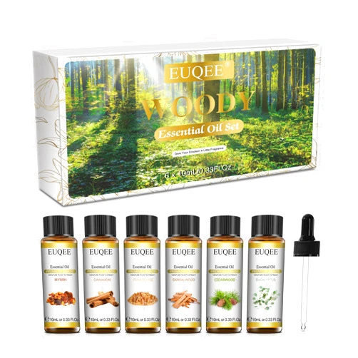 EUQEE 10ml Woody Essential Oils Set - Pure & Nature Essential Oils for Aromatherapy, Diffuser, Candle Making, Massage - Eucalyptus, Cedarwood, Sandalwood, Frankincense, Cinnamon