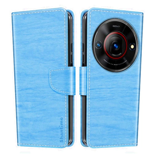 Shantime Wood Grain Texture Leather Wallet Flip Case Compatible with ZTE Xiaoxian 60 5G 7551N, Card Holder, Kickstand, and Inner Soft TPU Case Cover for ZTE Voyage 61 5G (6.6 inch) Sky Blue