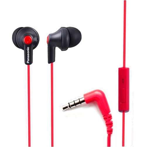 Panasonic ErgoFit Wired Earbuds, In-Ear Headphones with Microphone and Call Controller, Ergonomic Custom-Fit Earpieces (S/M/L), 3.5mm Jack for Phones and Laptops - RP-TCM125-KB (Matte Black/Red)