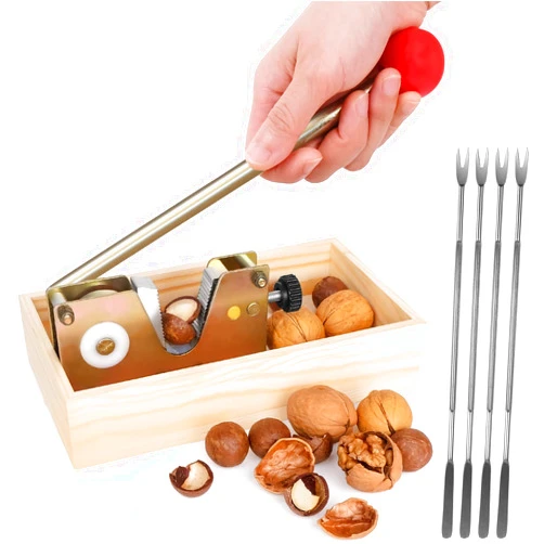 Sanchamy Nut Cracker Heavy Duty Walnut Cracker with Wooden Base Adjustable Nut Tongs Manual Nut Crackers for All Nuts Nut Cracker Tool for Walnut Pecan Macadamia Hazelnuts Chestnut and More-4 Picks Included