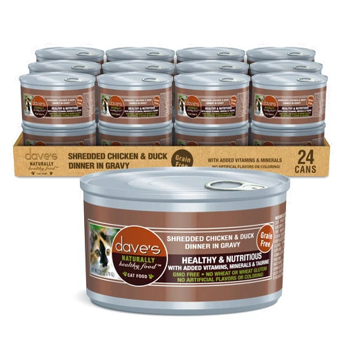 Dave's Pet Food Grain Free Wet Cat Food (Shredded Chicken & Duck in Gravy), Naturally Healthy Canned Cat Food, Added Vitamins & Minerals, Wheat, Gluten, & GMO-Free, 2.8 oz Cans (Case of 24)