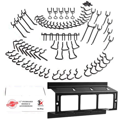 MADD TOOLS DOUBLE D FOR DOUBLE DUTY 70 Piece Heavy Duty 1/4 Inch Black Pegboard Hooks for Hanging Plus Universal Peg Board Drill Holder