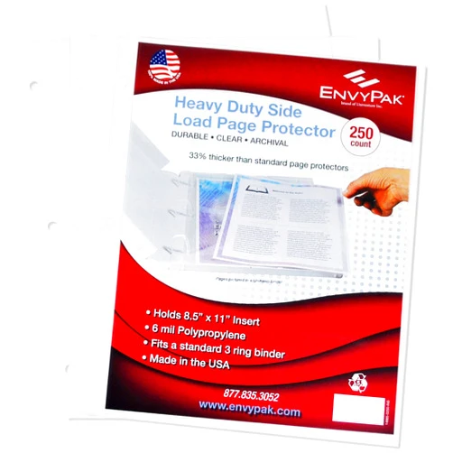 EnvyPak Heavy Duty Side Load Page Protector - Holds 8.5 x 11 - Clear, Archival Safe - 3 Hole Punched - Box of 250 Protectors