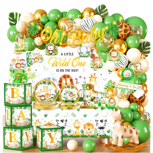 cocomigo 300PCS Safari Baby Shower Decorations, 30 Safari Theme Tableware, All-in-1 Pack Includes Backdrop Tablecloth Balloon Boxes Balloon Kit for Baby Shower Decorations Boy