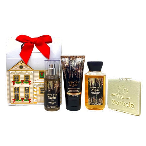 Bath & Body Works Into The Night 3 Piece Mini Gift Box Set - Fragrance Mist - Body Cream and Shower Gel - Set with a Natural Oats Sample Soap - Travel Size