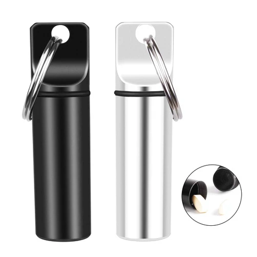 Oupex 2 Pack Small Pocket Pill Box Keychain, Portable Mini Aluminium Alloy Pill Organizer Case Container for Purse, Waterproof Metal Pill Holder Medicine Bottle for Outdoor Camping Travel (Black & White)1