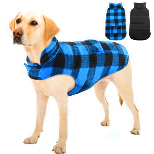 Kuoser Dog Winter Coat, Windproof Dog Fleece Jacket British Style Plaid Cold Weather Dog Vest Coats, Reversible Cozy Warm Dog Clothes Pet Apparel for Extra Large Size Dogs XXL