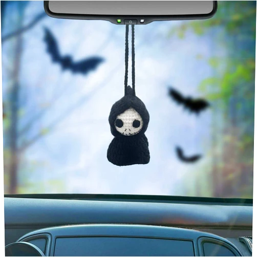 MHRYEZ Halloween Decor for Car Horror Rear View Mirror Accessories Crochet Grim Reaper Car Mirror Hanging Ornament, Halloween Decorations Indoor,Party Gift