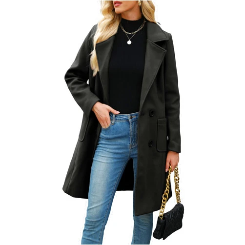 Bankeng Women Winter Wool Blend Camel Mid-Long Coat Notch Double-Breasted Lapel Jacket Outwear