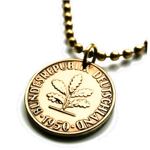 Coinedjewelry 1949 Germany Deutschland 10 Pfennig coin pendant oak seedling tree planting gardening Berlin Hamburg Munich Cologne Frankfurt Stuttgart Düsseldorf Bavaria Dortmund Leipzig Bremen Dresden Bonn n000198