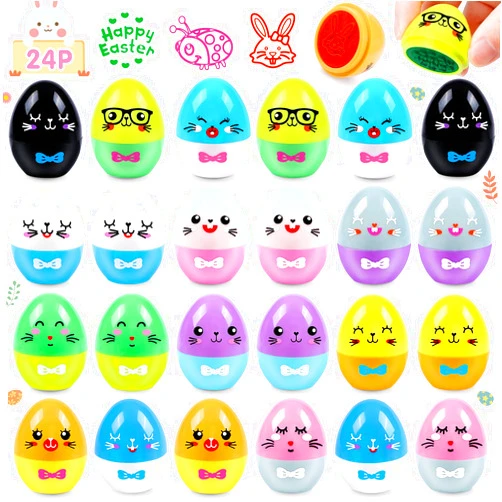 Palmatte 24PCS Easter Basket Stuffers Easter Egg Stampers Self-Ink, Cute Prefilled Plastic Easter Egg Fillers Treats Toys Easter Egg Hunt Supplies Party Favors Gifts for Kids Boys Girls Toddlers