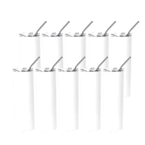 PYD Life 10 Pack Sublimation Tumblers Bulk Blank 20 OZ Skinny White Stainless Steel Tumbler Cups with Straw and Lid for Mug Tumbler Heat Press Sublimation Oven Printing