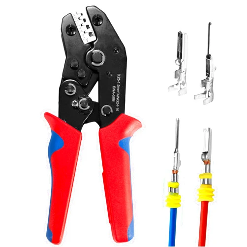 Amliber Wire Crimping Tool with Ratchet, Amliber Ratchet Wire Crimper Tool for Open Barrel Terminal Connectors, Electrical Crimping Tool for Molex Style Deutsch DELPHI AMP JST TYCO Terminals, 24-14 AWG
