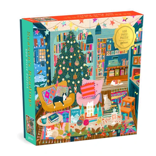 Galison Season's Reading – 500 Piece Foil Jigsaw Puzzle Featuring Beautiful Artwork of A Cozy Christmas Bookshop Scene with Gold Foil Accents