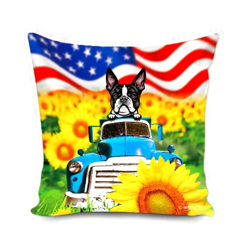 MALIHONG July of 4th Dog Pillowcase Peeking Dog Boston Terrier in Blue Retro Truck Sunflower USA Flag Background Patriotic Throw Pillow Cover for Sofa Bed 16x16 Inch