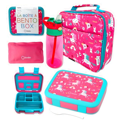 Kinsho Bento Lunch Box with Insulated Bag, Water Bottle Ice Pack Set for Kids Toddlers, 5 Portion Sections, BPA Free Removable Tray, Pre-School Kid Toddler Daycare Lunches, Snack Container, Pink Unicorn