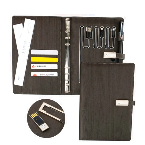 ZMHQLPDZ A5 Binder, Leather A5 Binder with 8000mah Power bank, 6 Ring Binder Planner Notebooks Portfolio with Document Sleeve/Card Holder/Pencil Holder for A5 Filler Paper (No Paper) (black)