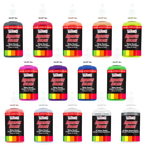 U.S. Art Supply Airbrush Paint Set - 12 Color Pearlized with Reducer & Cleaner, Ready to Spray Air brush Paint, 1-Ounce Water-Based Acrylic for Painting Metal, Plastic Models, Canvas, Wood