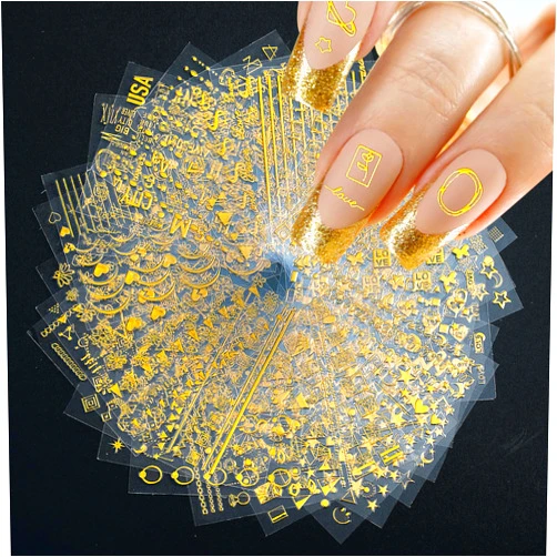 Qianyu 30 Sheets Gold Nail Art Stickers 3D Self-Adhesive Nail Decals Gold Geometric Line Star Leaf Diamond Nail Stickers Supplies for Acrylic Nails Manicure Design Decoration Accessories for Women