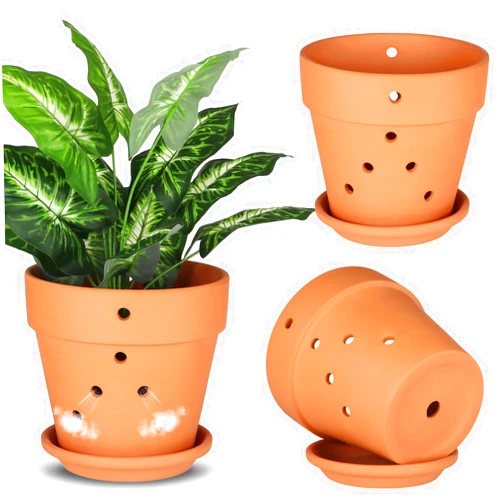 FELISTORY 8 Inch Terracotta Orchid Pots with Holes and Saucers, 3 Pack Small Terra Cotta Clay Orchid Planter Pots for Plant Flower Pots for Orchid Indoor and Outdoor Promotes Air Circulatio