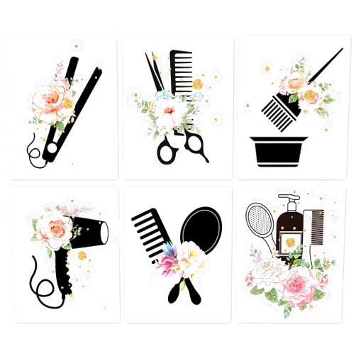MOOXO Hair Salon Wall Art, Women Fashion Bathroom Bedroom Decor, Scissors Hair Dryer Curling Iron Canvas Posters, Hairdresser Haircut Tools Art Painting for Barber Shop Decoration, 6 Set-(8