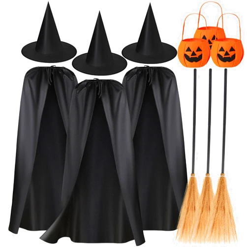Jiuguva 12 Pcs Unisex Halloween Witch Capes Costume Witch Hats Accessories Black Cloaks Wizard Flying Brooms Pumpkin Bags for Women Men Halloween Dress up Cosplay Party Decorations