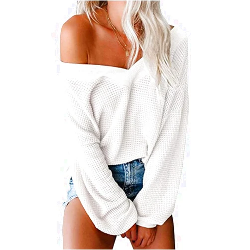 Tobrief Women's V Neck Long Sleeve Waffle Knit Tops Off Shoulder Oversized Pullover Sweater