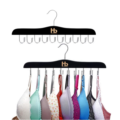 Haven Besties Bra Hanger and Bra Organizer for Closet – Tank Top Hanger Space Saving for House, Dorm, Apartment - Foldable Wooden Bra Hangers for Closet Organizer– with 20 Hanger Hook, Lotus Wood, Black, 2 Pack