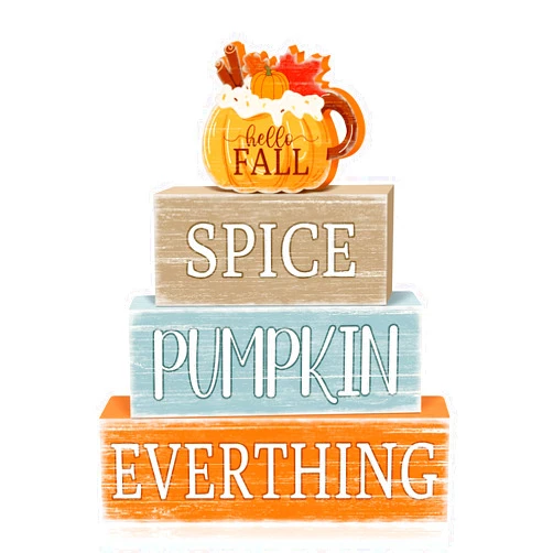 Britimes 4 Pcs Fall Decorations for Home Spice Pumpkin Everything Table Decor Fall Tiered Tray Decorations Set Stack Block Signs Gift Rustic Farmhouse Tabletop Decor for Table Office