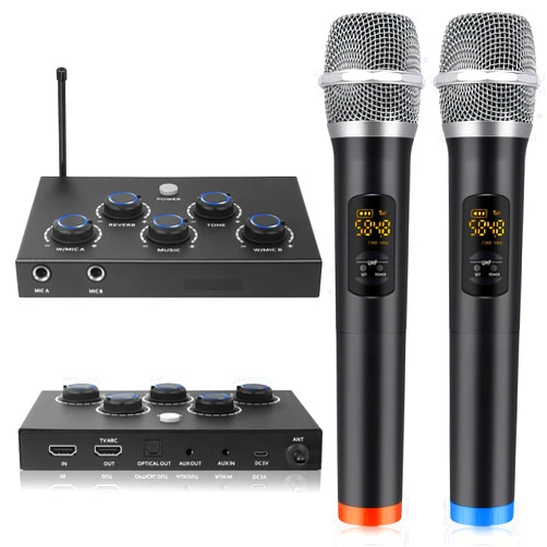 TCRAYCH Karaoke Microphone Wireless System, Portable Karaoke Microphone Mixer System with 16 Channels UHF Wireless Microphone, Optical AUX Microphone Speaker for Smart TV, PC, Amplifier, Speaker, KTV