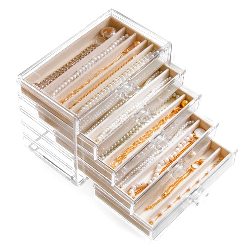 YUFONG Necklace Holder Organizer, Dustproof Necklace Box Velvet Necklace Organizer Box with Lid Clear Acrylic Dustproof Stackable Jewelry Displays for Necklaces Chain Display (Beige, 5 Drawer)