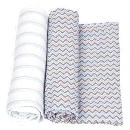 Miracle Blanket Soft Muslin Swaddles Newborn Nursery Sleep Essential - Pack of 2 Warm Wraps (Blue & Grey Stripes & Chevrons)