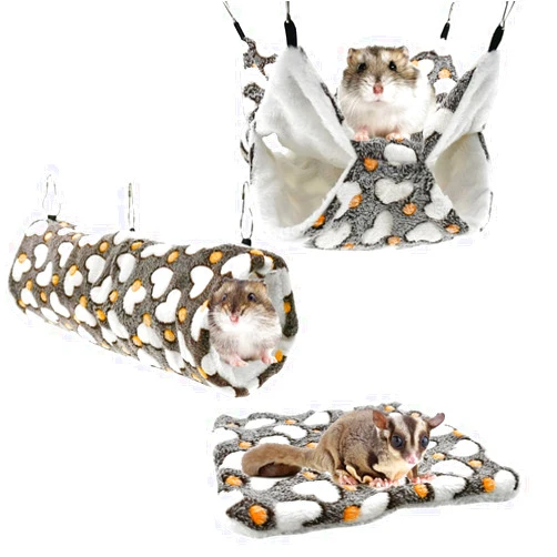 Vehomy 3Pcs Sugar Glider Hamster Hammock Hanging Tunnel and Warm Bed Soft Mat Set for Small Animals Hanging Hammock Cage Accessories Hideout Swing for Squirrel Ferret Rat Chincilla Guinea Pig
