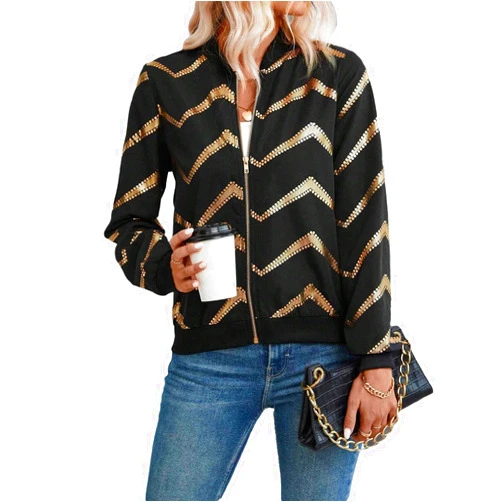 VOIKERDR Women's Jacket Round Neck Zipper Long Sleeve Sawtooth Printed Casual Coat