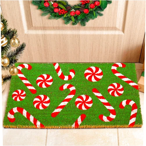 Whaline Christmas Door Mat Natural Coir Welcome Floor Mat Green Xmas Candy Cane Rectangle Entrance Door Rug for Indoor Outdoor Home Bathroom Decor, 16.5 x 29 Inch