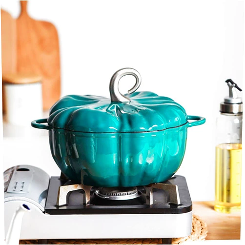 QYQCX Creative Pumpkin Shape Enamel Cast Iron Pot, 24cm Induction Cooker Stew Pot With Lid, 3.7L Green