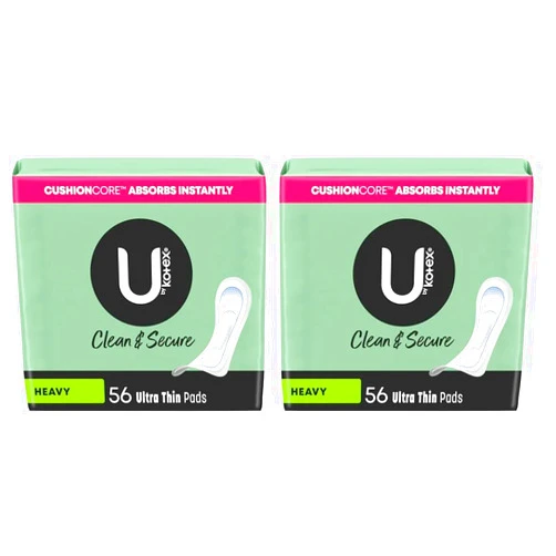 U by Kotex Clean & Secure Ultra Thin Pads, Heavy Absorbency, 56 Count (Packaging May Vary) (Pack of 2)
