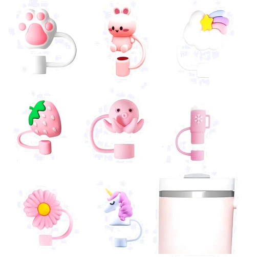 AnBnCn 8Pcs Straw Covers Topper for Stanley Cup - Cute Silicone Pink Animal Straw Cap for Stanley 30 & 40oz Tumbler with Handle - 0.4 in/10mm Stanley Accessories - Dust-Proof Reusable Straw Tips Lids