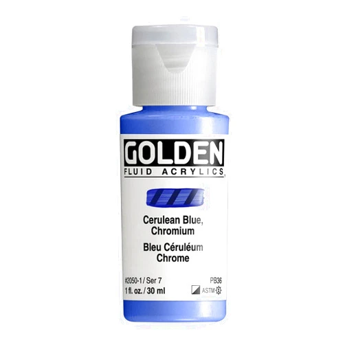 Golden Artist Colors Fluid Acrylics by GOLDEN, Cerulean Blue Chromium, 1 fl. oz. Bottle, Professional Acrylic Paint, Semi-Opaque