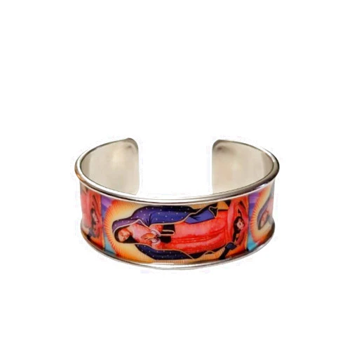 MONIQUE'S ART AND GIFTS VIRGIN MARY GUADALUPE METAL RHODIUM CUFF WIDE BRACELET UNISEX FOR HER HIM WOMEN MEN YOUTH PEOPLE ONE SIZE FITS MOST ADJUSTABLE PULSERA DE LA VIRGEN DE GUADALUPE DE METAL GRUESO